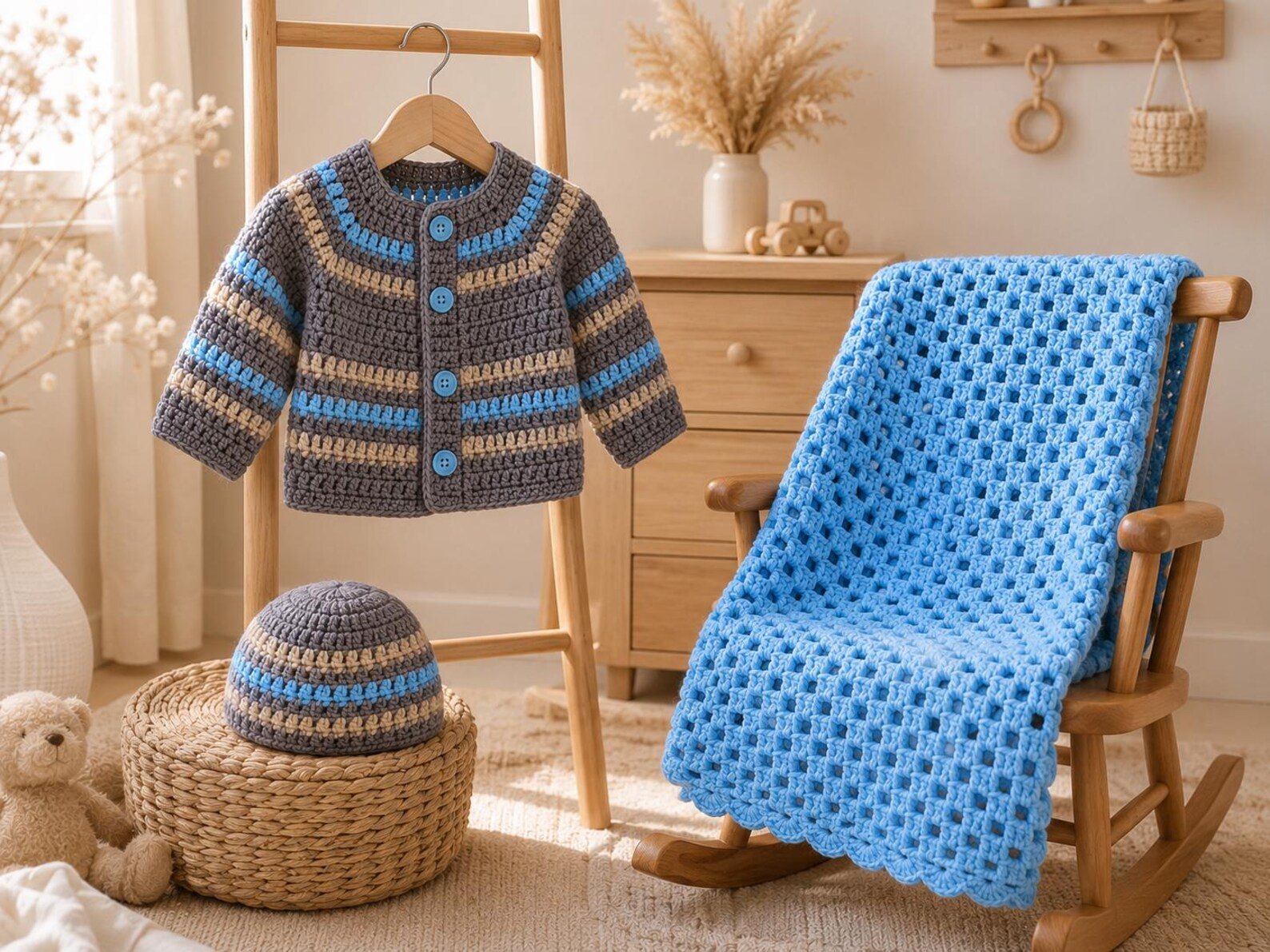 Baby Cardigan Hat Blanket Crochet Pattern Set