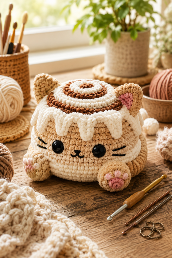 Cinnamon Roll Cat Crochet Scene