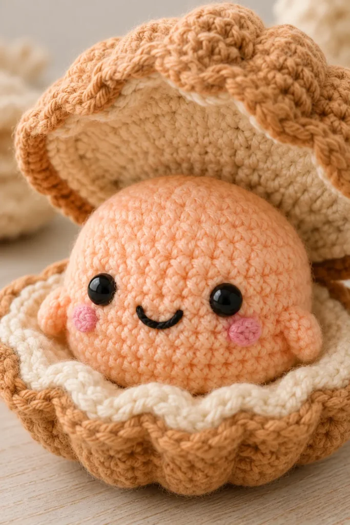 Close-up of a handmade plush crochet clam with visible chunky yarn stitches, safety eyes, embroidered smile, and an open crocheted shell.