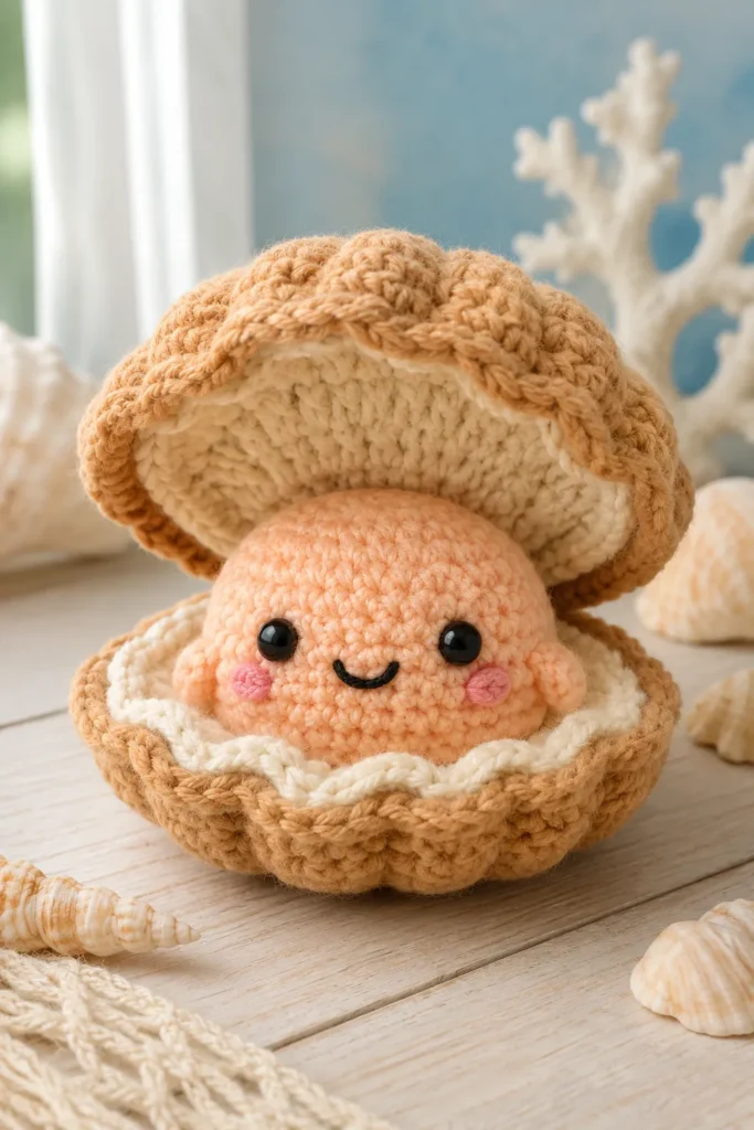 Cute handmade crochet clam amigurumi sitting inside an open tan and cream yarn shell with a smiling face and pink cheeks.