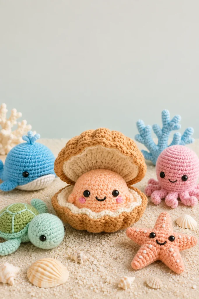 Adorable crochet clam amigurumi displayed with small ocean-themed crochet animals including a whale, turtle, starfish, and octopus.