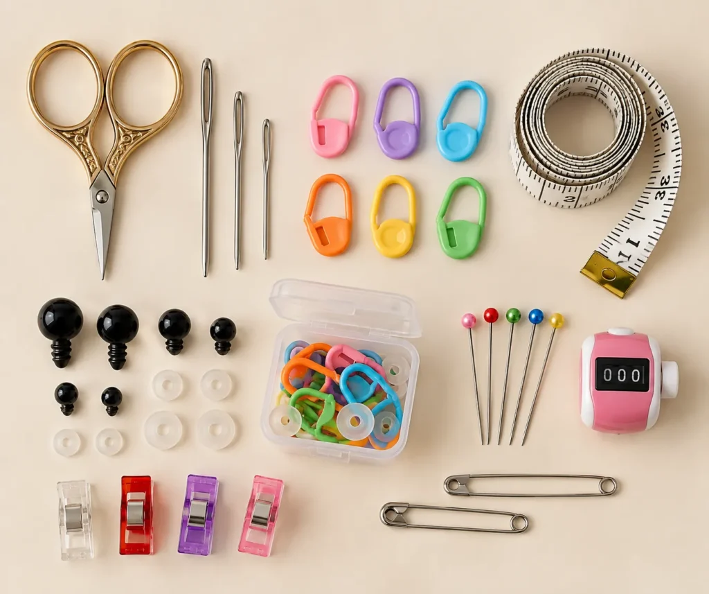 Image Prompt — Other Supplies

Create a bright, clean, ultra-photorealistic crochet and amigurumi “Other Supplies” flat-lay image on a warm cream/light beige craft-table background.

Neatly arrange only the additional tools and accessories commonly needed for crochet and amigurumi projects:

Small sharp embroidery scissors
Metal yarn/tapestry needles in 2–3 sizes
Colorful locking stitch markers
Flexible measuring tape, loosely coiled
Small straight pins with colored heads
Black safety eyes with matching washers in a few sizes
Small sewing pins or clips
Row counter
Small transparent container holding a few stitch markers and notions

Arrange every item separately with comfortable spacing so buyers can immediately recognize each supply. Keep the layout balanced, organized, and visually suitable for a premium professional crochet pattern PDF.

Show extremely realistic metallic reflections on the scissors and needles, detailed plastic textures on the stitch markers and safety eyes, readable measuring-tape markings, and soft natural shadows.

Use warm diffused natural daylight, a clean neutral cream background, top-down photography, realistic proportions, and crisp high-resolution details.

Do not include yarn skeins, crochet projects, finished crochet items, fiberfill, hands, people, logos, brand names, decorative flowers, or text.

Minimal, uncluttered, beginner-friendly professional craft photography, premium Etsy crochet-pattern aesthetic, high resolution.