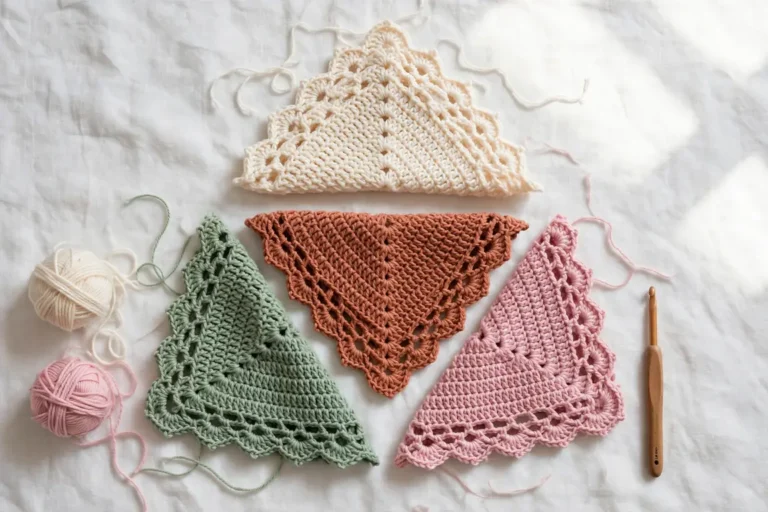 Colorful crochet bandana patterns in triangle styles laid out flat