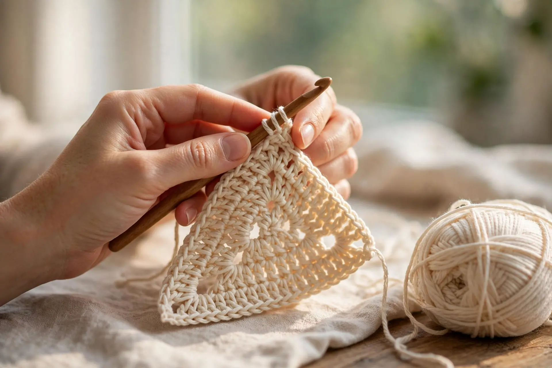 Close-up of a crocheted bandana with ties and textured stitches