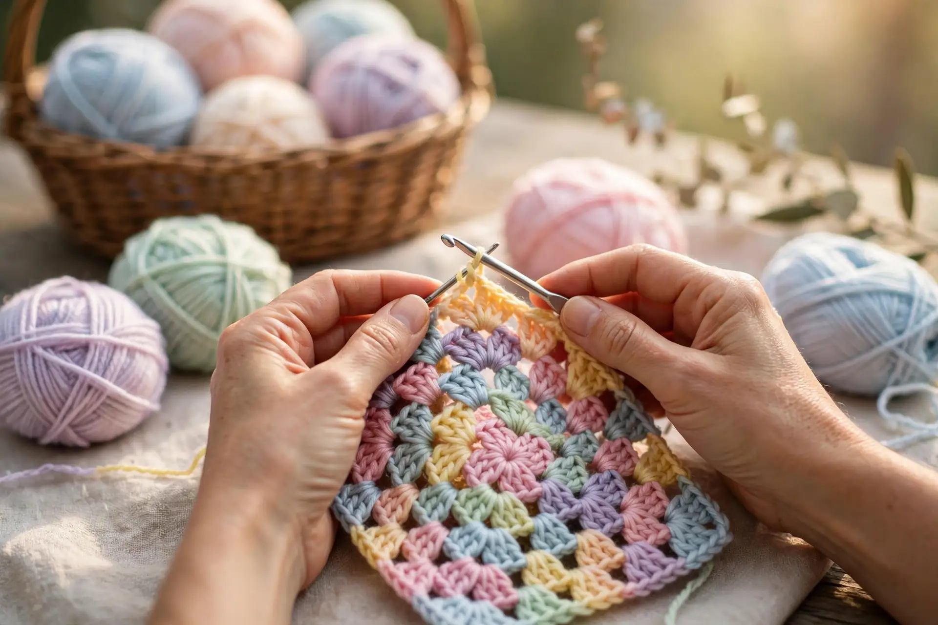 Stack of colorful handmade crochet blankets in different patterns
