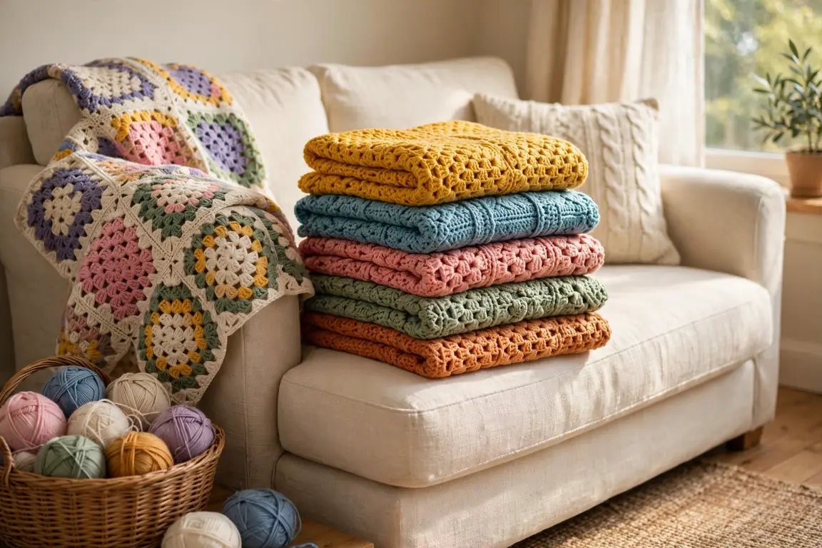 Hands crocheting a cozy granny square blanket with soft yarn