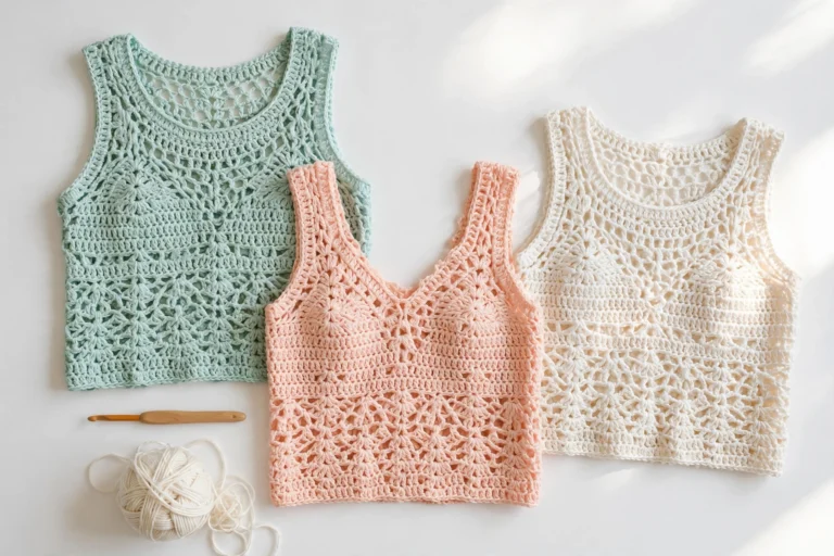Free crochet top patterns - three handmade pastel crochet summer tops laid flat with a wooden crochet hook and cotton yarn ball