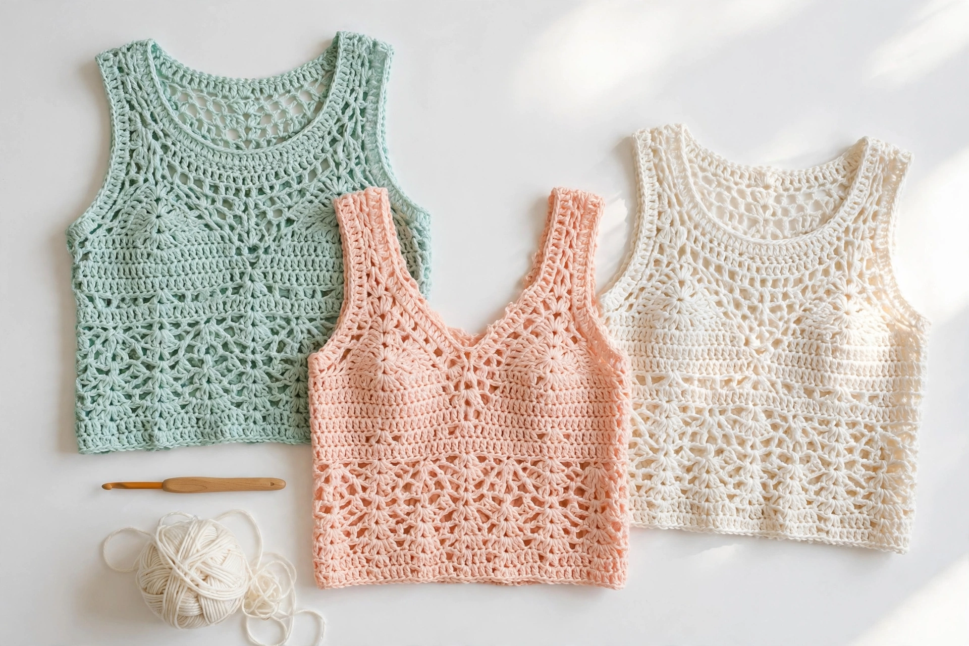 Free crochet top patterns - three handmade pastel crochet summer tops laid flat with a wooden crochet hook and cotton yarn ball