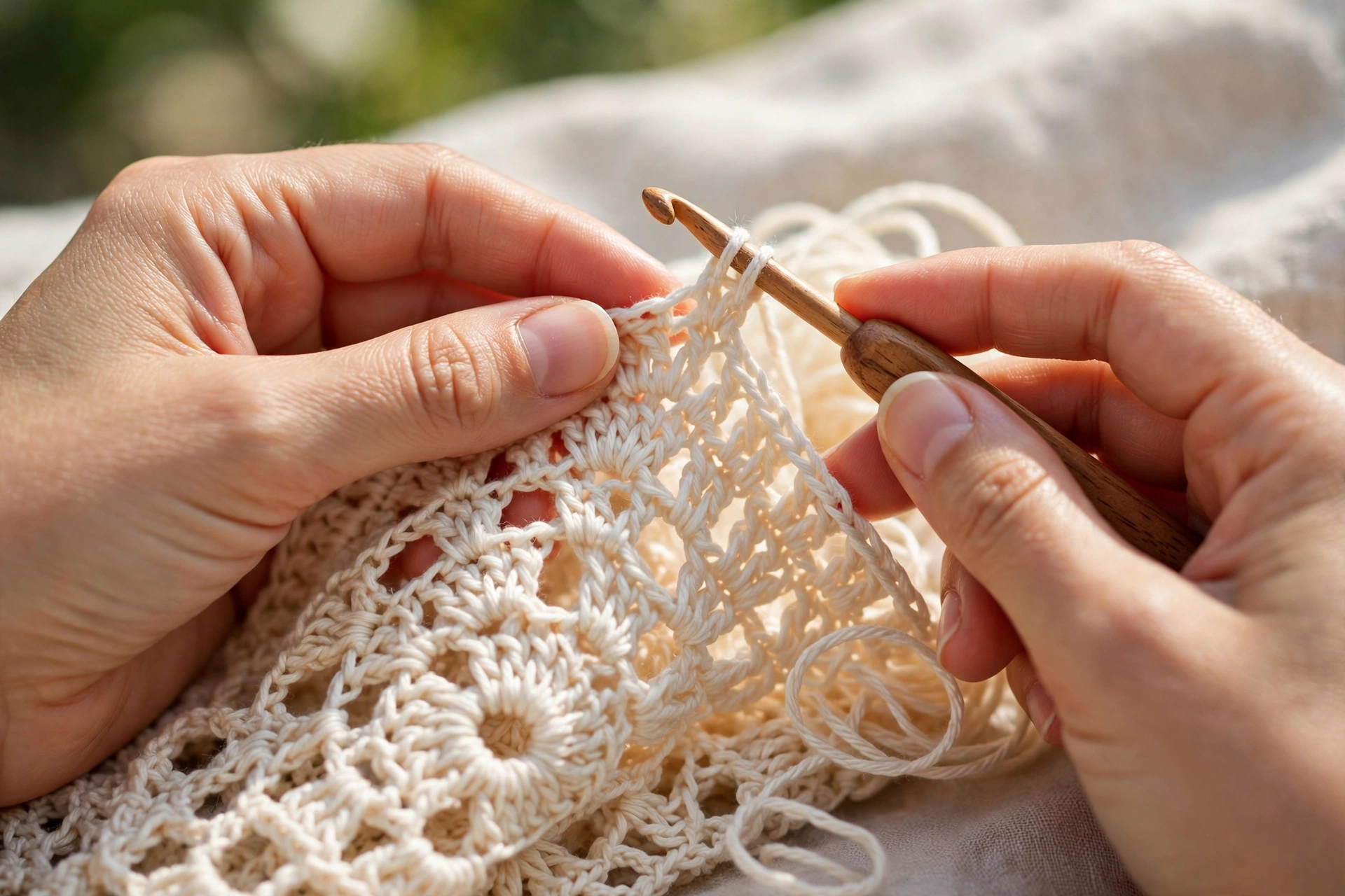 Hands crocheting a lacy free crochet summer top with cream cotton yarn and a wooden crochet hook