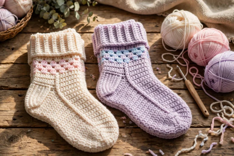 Hand-crocheted cozy socks in soft cream and pastel yarn with crochet hook and yarn balls
