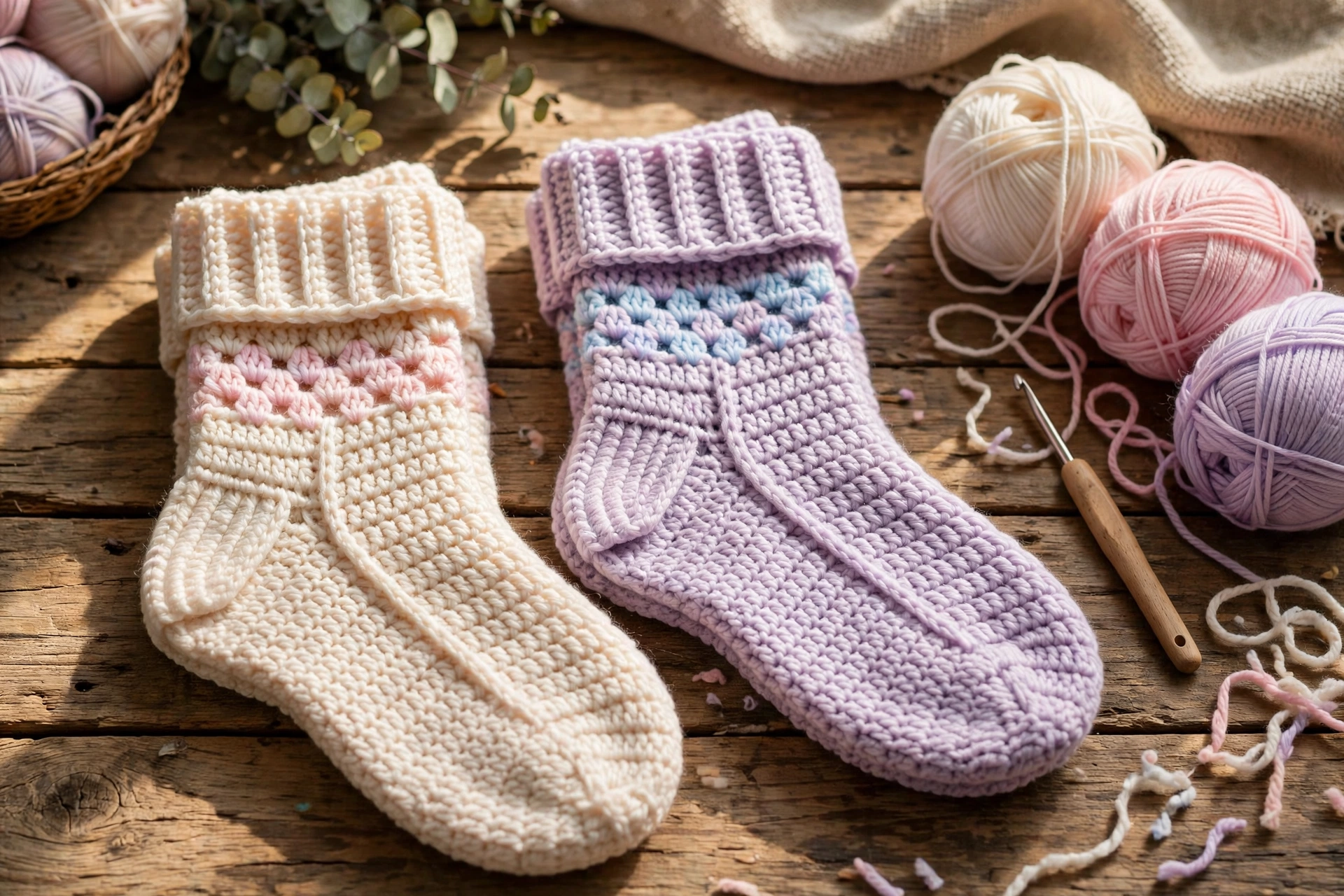 Hand-crocheted cozy socks in soft cream and pastel yarn with crochet hook and yarn balls