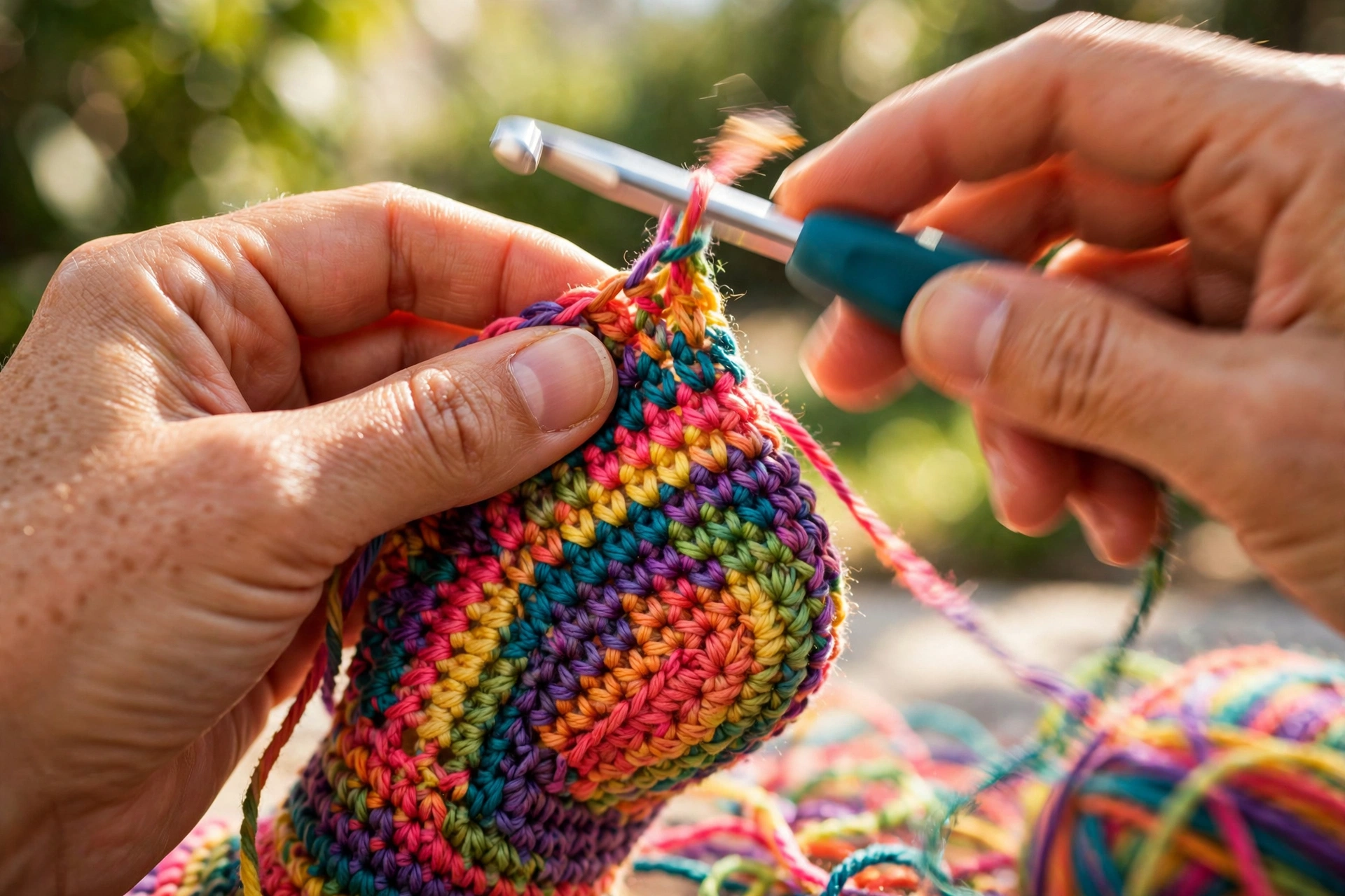 Hands crocheting a sock heel with colorful yarn, close-up