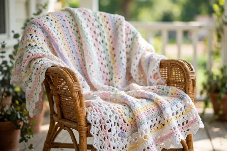 Light airy crocheted summer blanket in pastel cotton with lacy shell stitch draped on a rattan chair