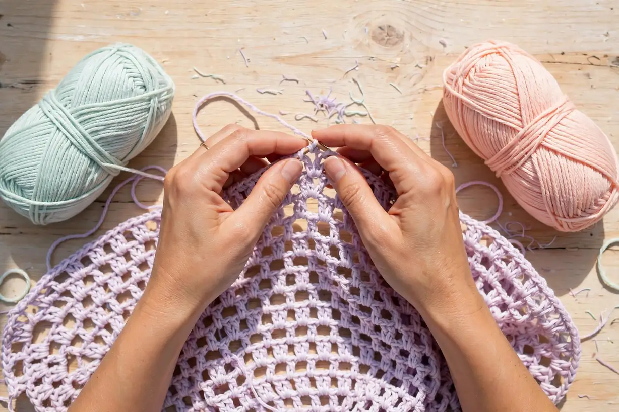 Hands crocheting a lightweight cotton summer blanket with open lacy mesh stitch