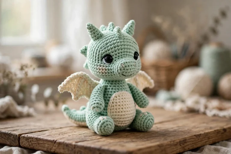 Adorable crocheted baby dragon amigurumi plush sitting on a table in soft natural light