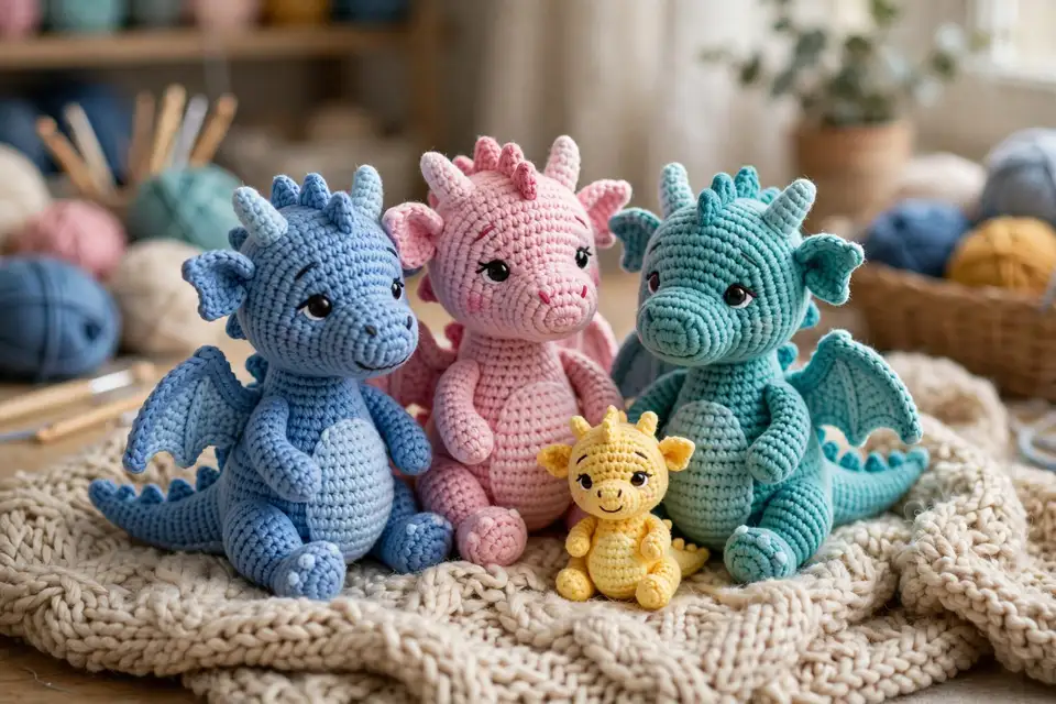 Collection of colorful crocheted dragon amigurumi plushies arranged together
