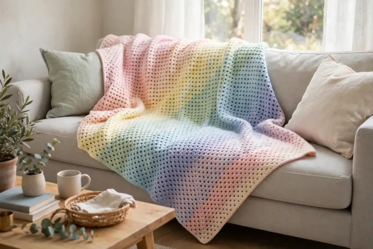 Colorful corner to corner crochet blanket draped over a sofa