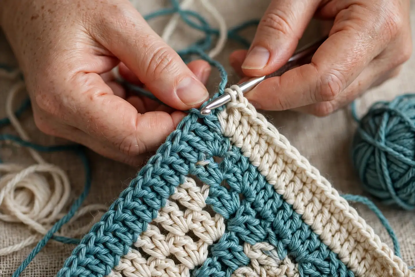 Close-up of hands crocheting corner to corner diagonal blocks