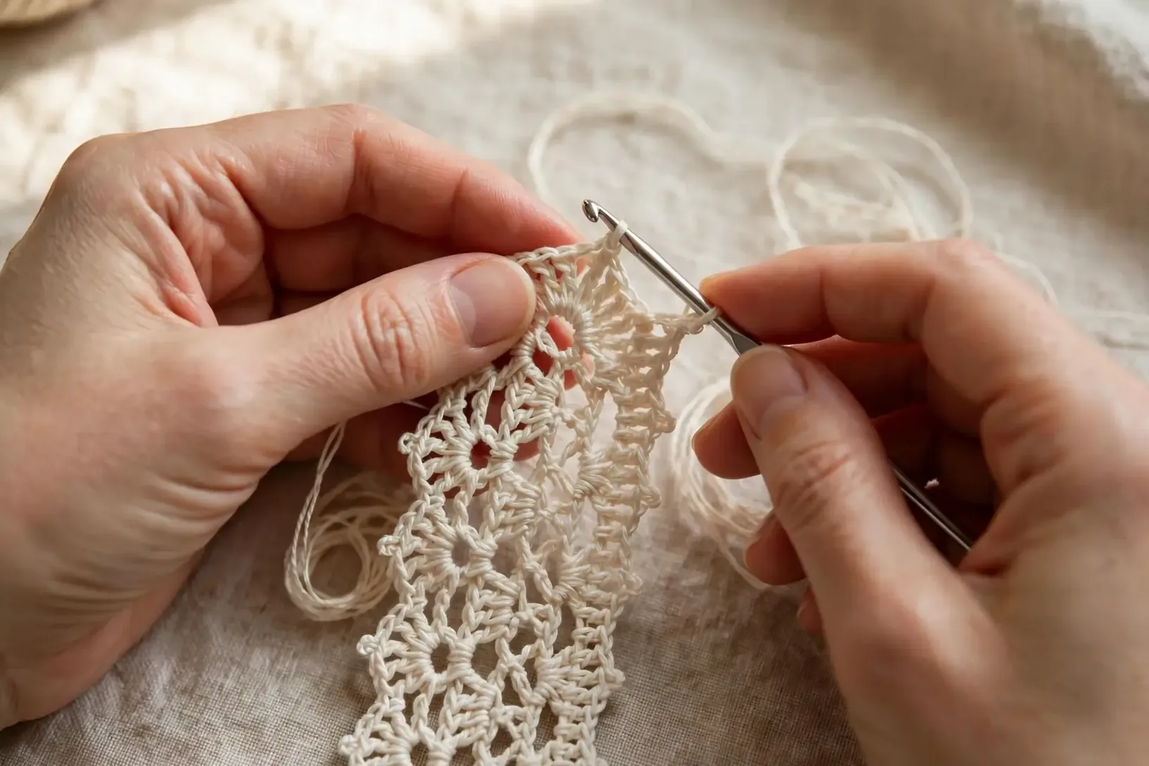Hands crocheting a lace bookmark with cream cotton thread and a steel hook