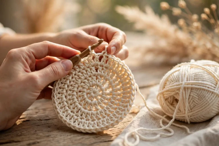 Colorful handmade crochet coasters in round, flower, and mandala shapes arranged on a wooden table with a coffee mug