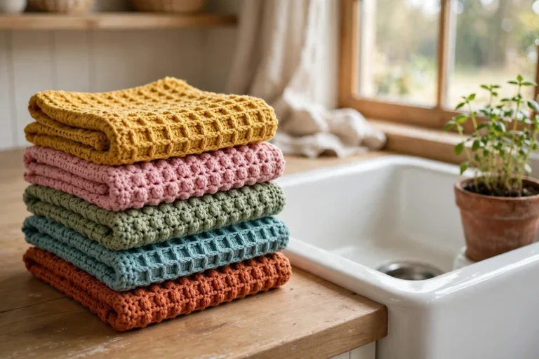 Stack of colorful handmade crochet dishcloths with waffle and lemon peel stitch textures beside a white farmhouse sink