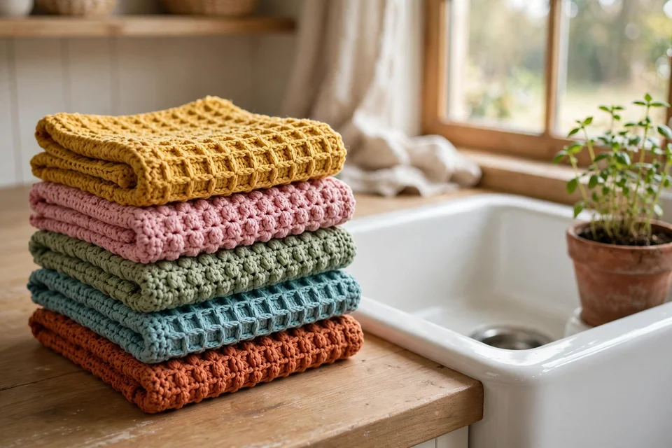 Stack of colorful handmade crochet dishcloths with waffle and lemon peel stitch textures beside a white farmhouse sink