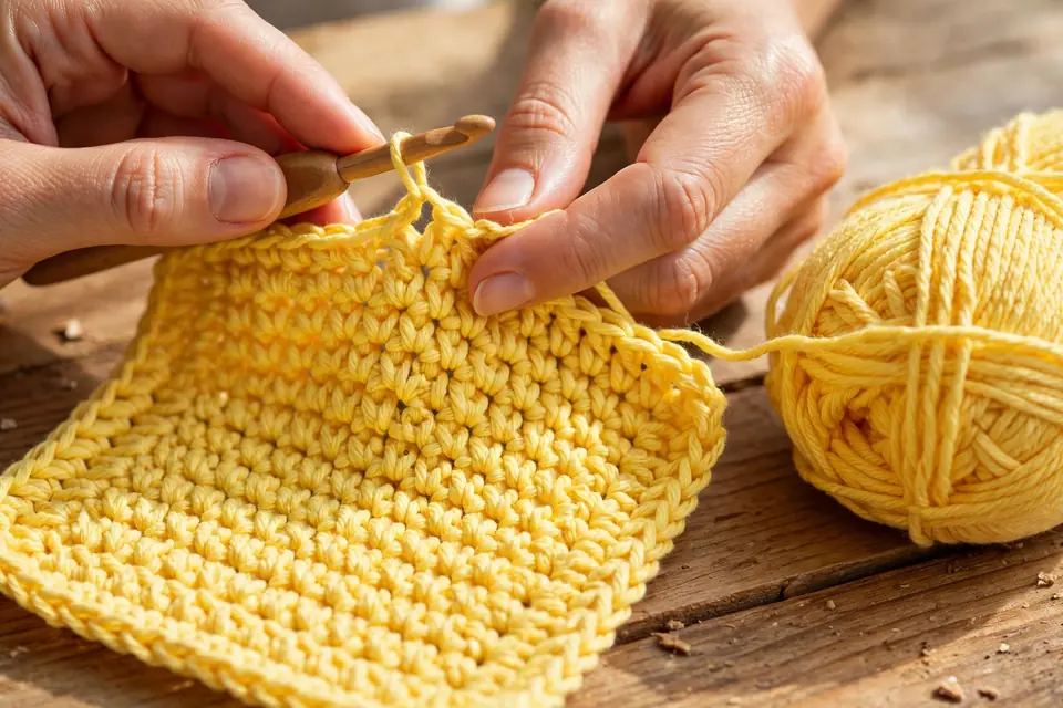 Hands crocheting a yellow cotton dishcloth with a wooden crochet hook showing lemon peel stitch texture