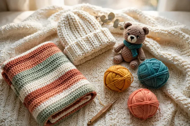 Cozy flatlay of crocheted blanket, beanie, amigurumi bear, yarn balls and crochet hook
