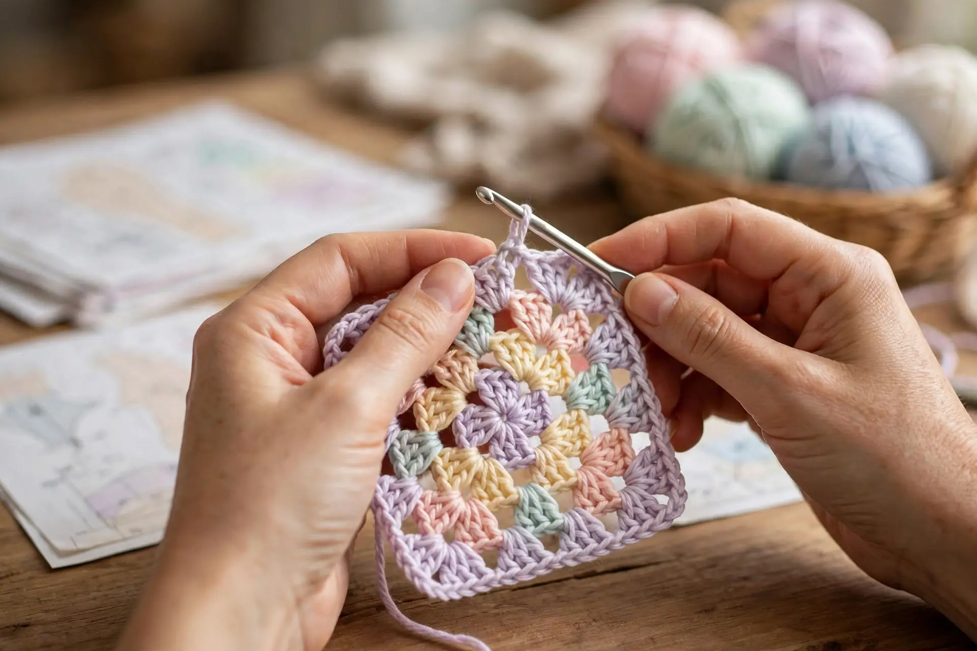 Hands crocheting a granny square with pattern sheets and yarn basket on wooden table