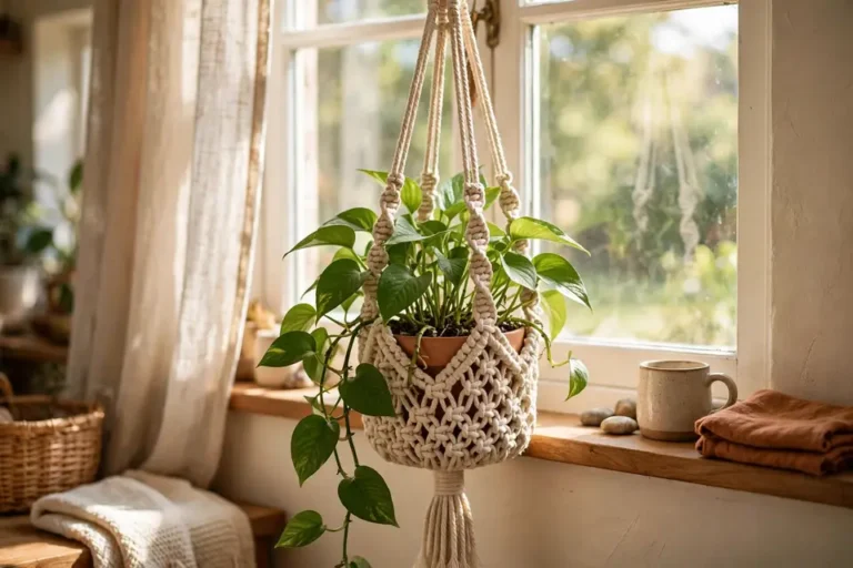Handmade beige cotton crochet plant hanger holding a green pothos plant by a sunny window