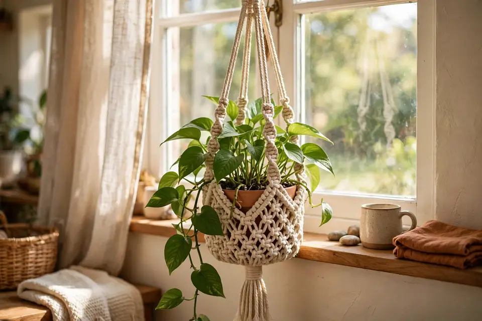 Handmade beige cotton crochet plant hanger holding a green pothos plant by a sunny window