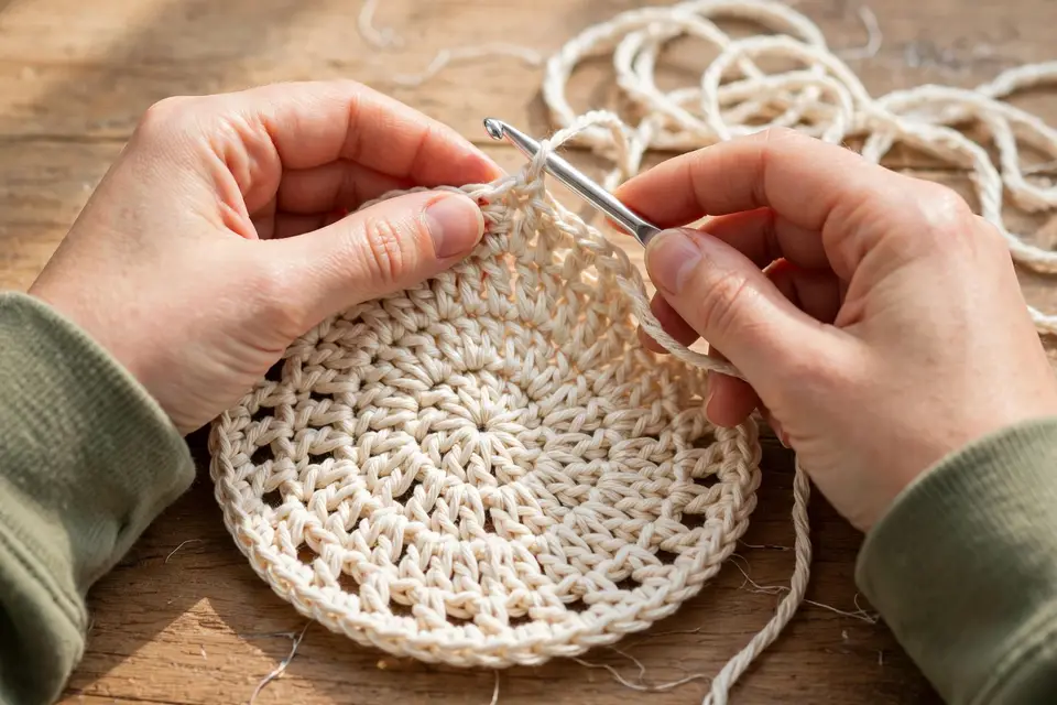 Hands crocheting the round base of a plant hanger with cream cotton yarn