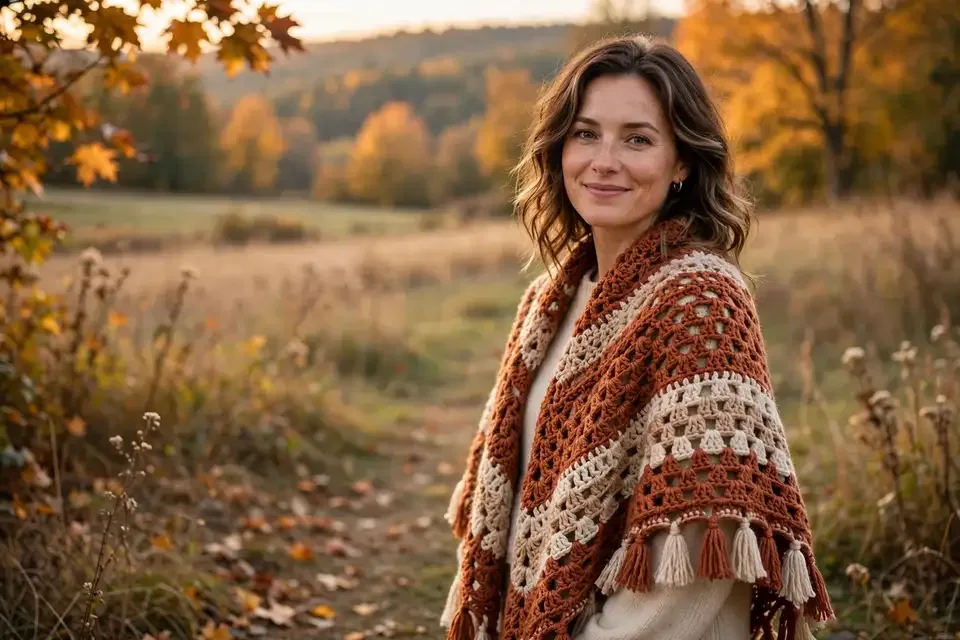 Woman wearing a rust and cream crochet poncho in autumn light - free crochet poncho patterns for all sizes