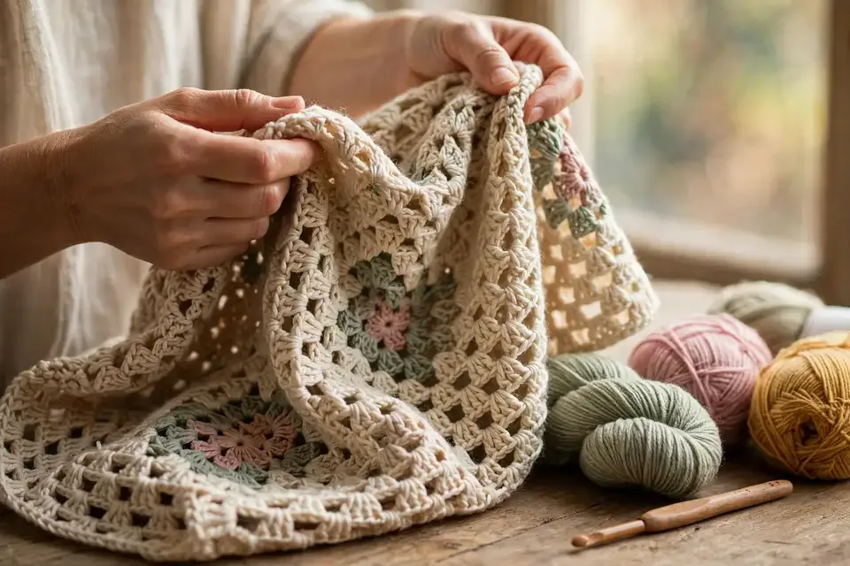 Close-up of crochet poncho stitch texture with yarn and crochet hook