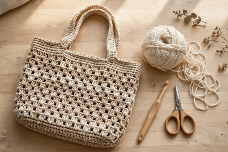 Beige crochet tote bag with a ball of yarn, crochet hook and scissors on a wooden table