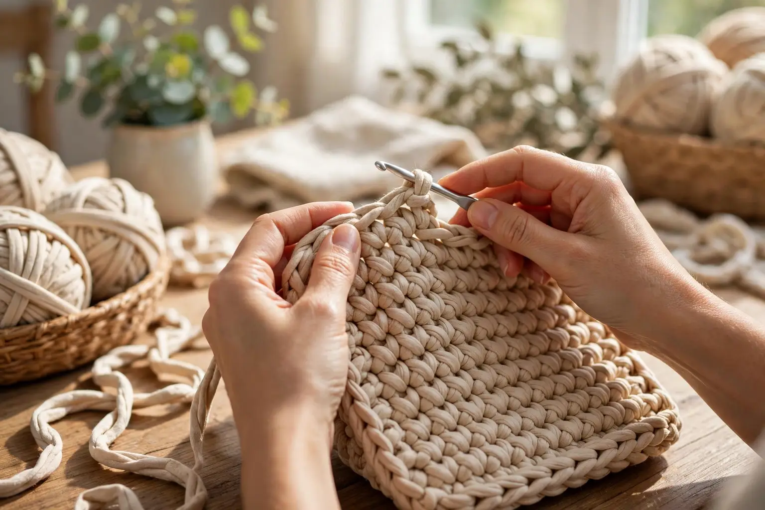 Hands crocheting the body of a chunky tote bag with natural cotton yarn