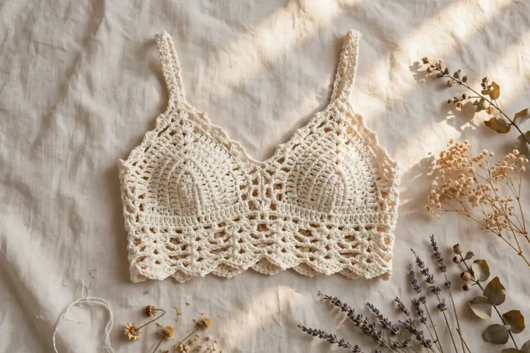 Trendy crochet top patterns for summer - handmade cream cotton crochet crop top flat lay