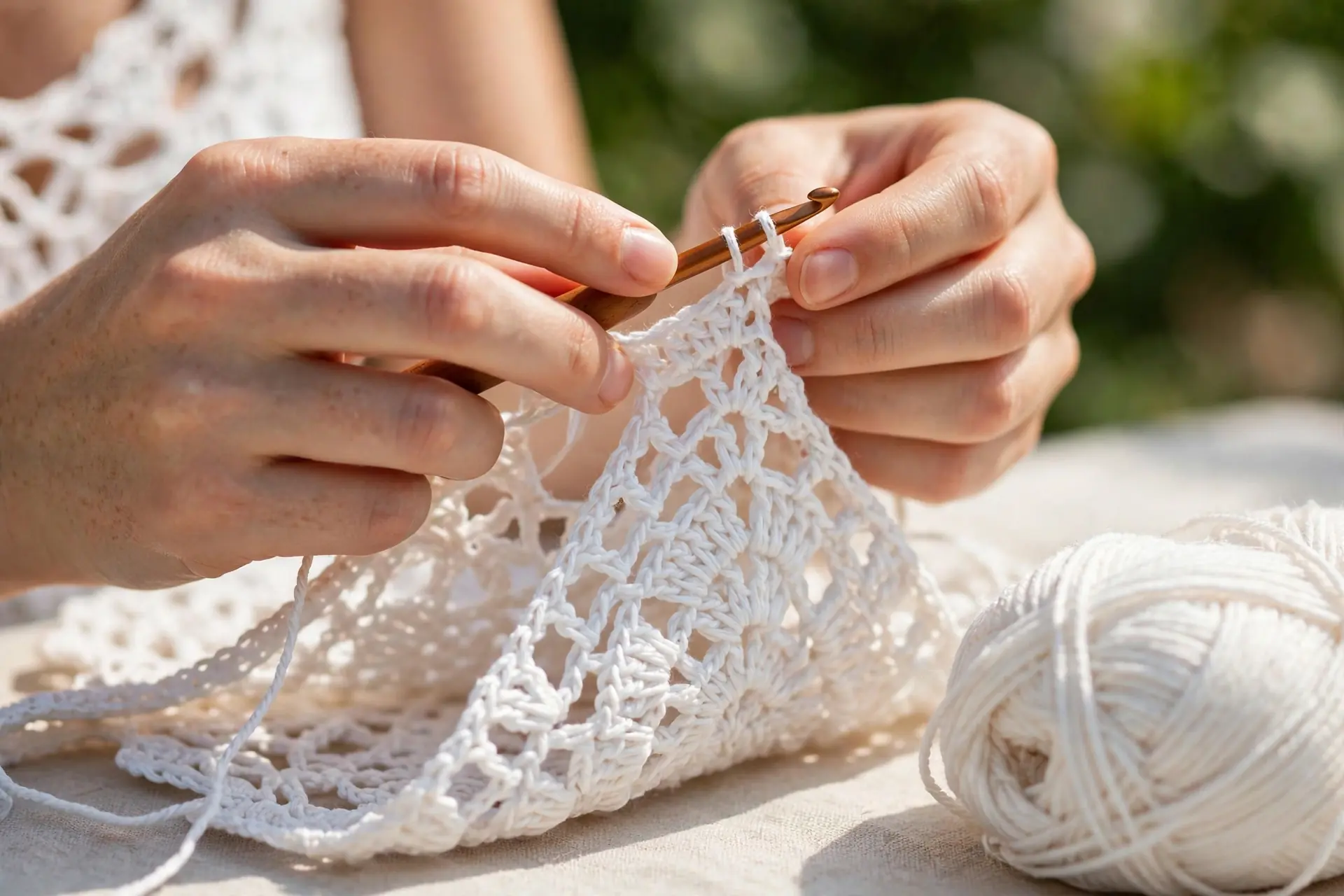 Hands crocheting a lacy summer top with white cotton yarn and crochet hook